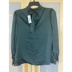 LOFT Women’s Green Satin Shirt Blouse Sz SP Long Sleeve Party‎ Holiday Cocktail